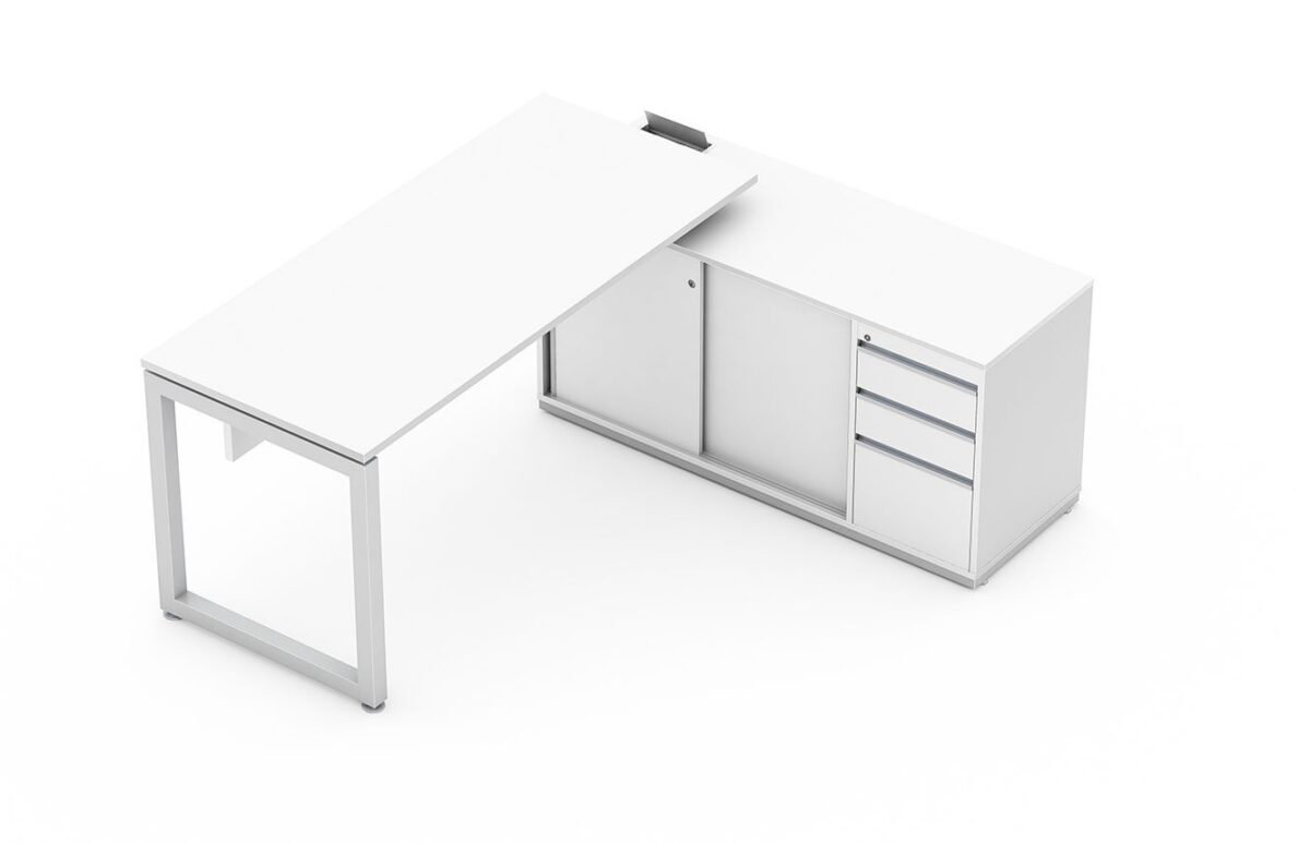 Mesa reta com armário auxiliar, portas de correr e gaveteiro (Mesas OP1)